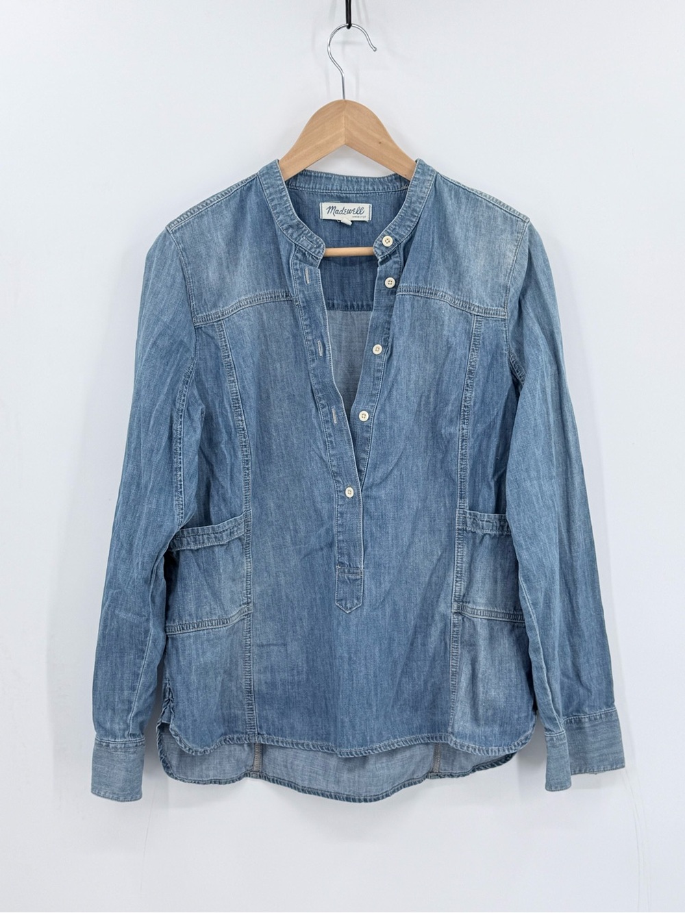 Madewell Women L Blue Denim Popover Shirt Band Collar Patch Pockets Long Sleeve